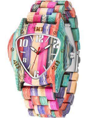 Men's Multi Color Analog Quartz Handmade Colorful Bamboo Triangle Wooden Watch